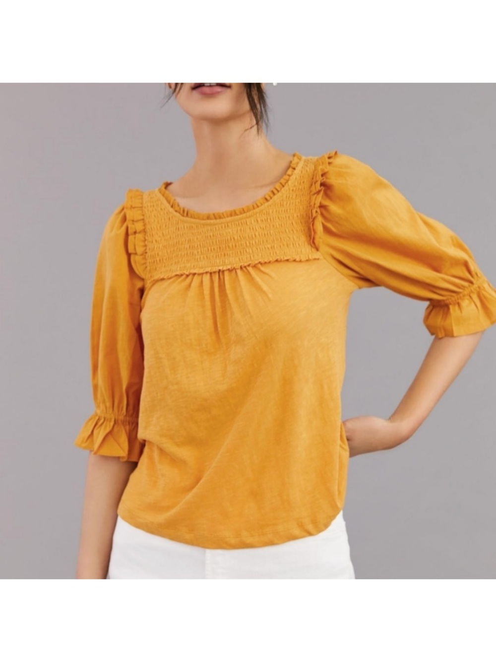 Anthropologie Mustard Smocked Square-Neck Blouse